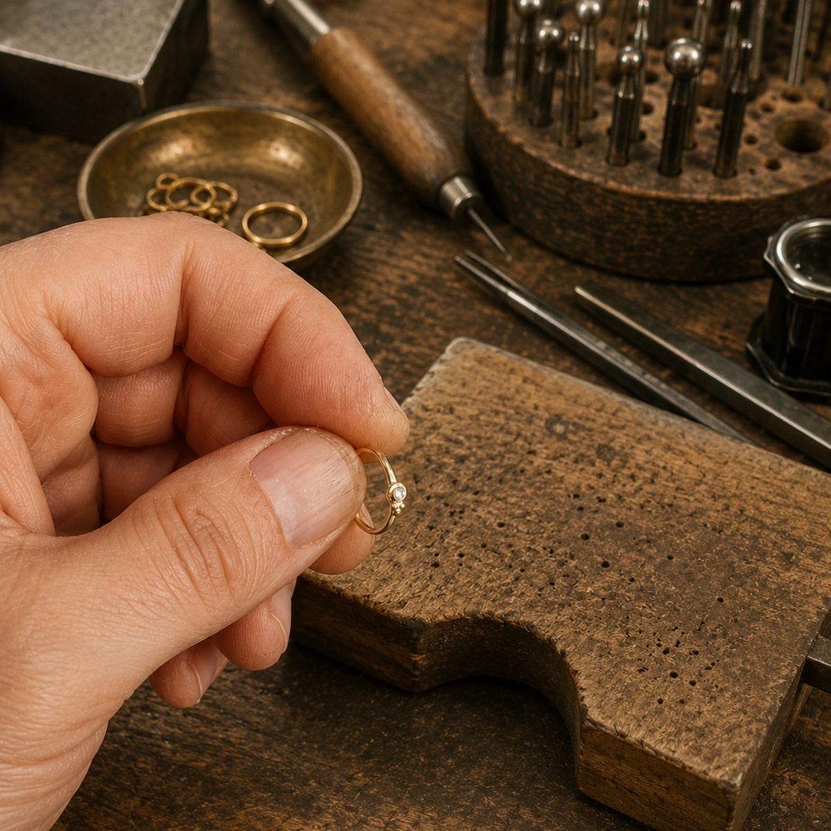 A gold hoop held at the jewelry workbench