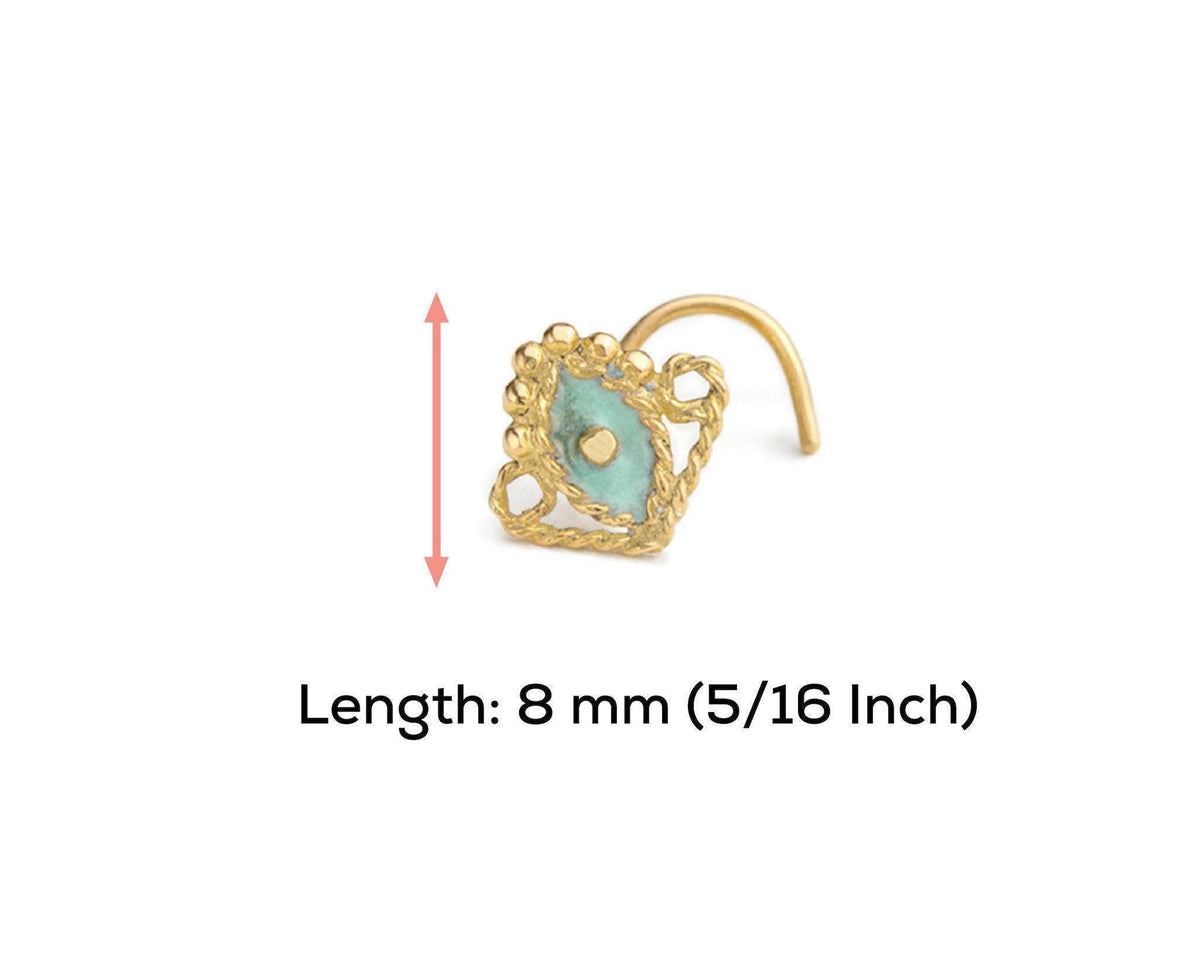A gold-colored nose ring with a turquoise stone in the center, accompanied by a measurement scale indicating the length of the nose ring is 8 millimeters (5/16 inch).