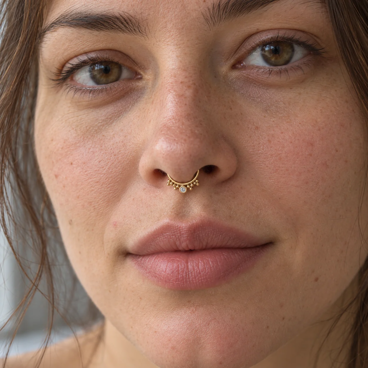 A close-up of a woman's face, focusing on her nose and lips. She has a gold nose ring and is looking directly at the camera.