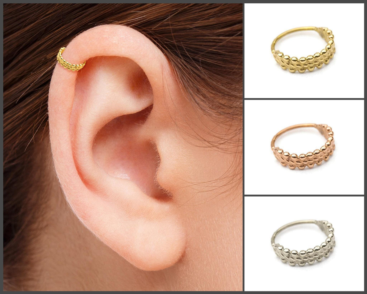 The image is a collage of three images showing different types of earrings, including a gold hoop earring, a silver hoop earring, and a gold ring with a small ball design.