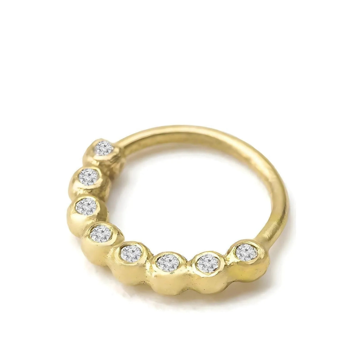 A gold ring with a curved band and small diamonds set in it.