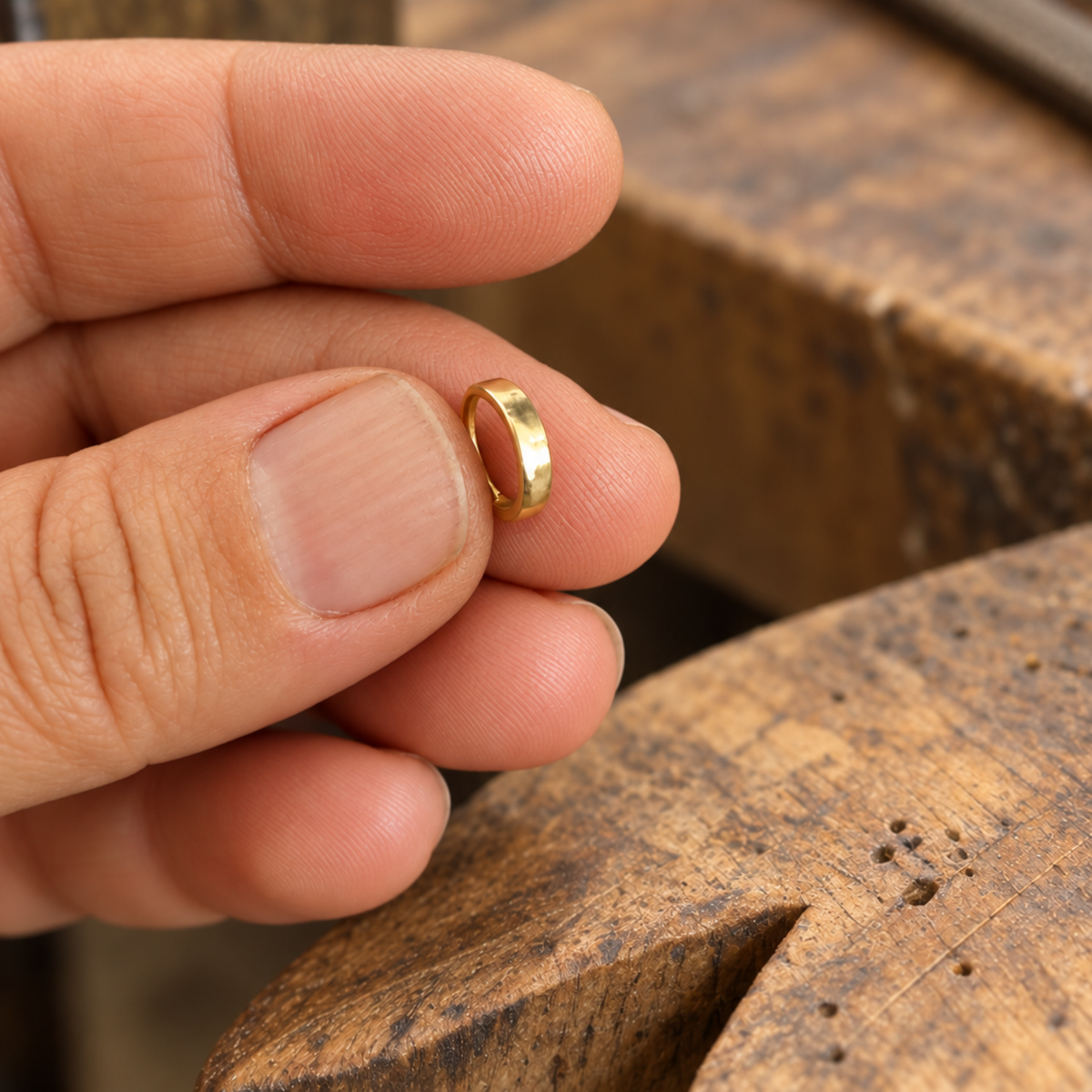 A person's hand holding a small gold ring against a wooden background.