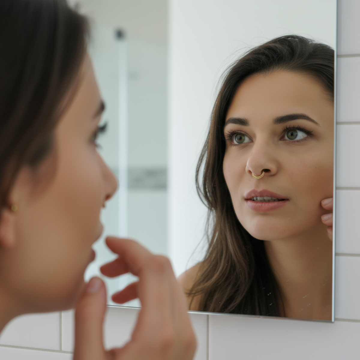 A woman is seen in front of a mirror, looking at her reflection and touching her face.