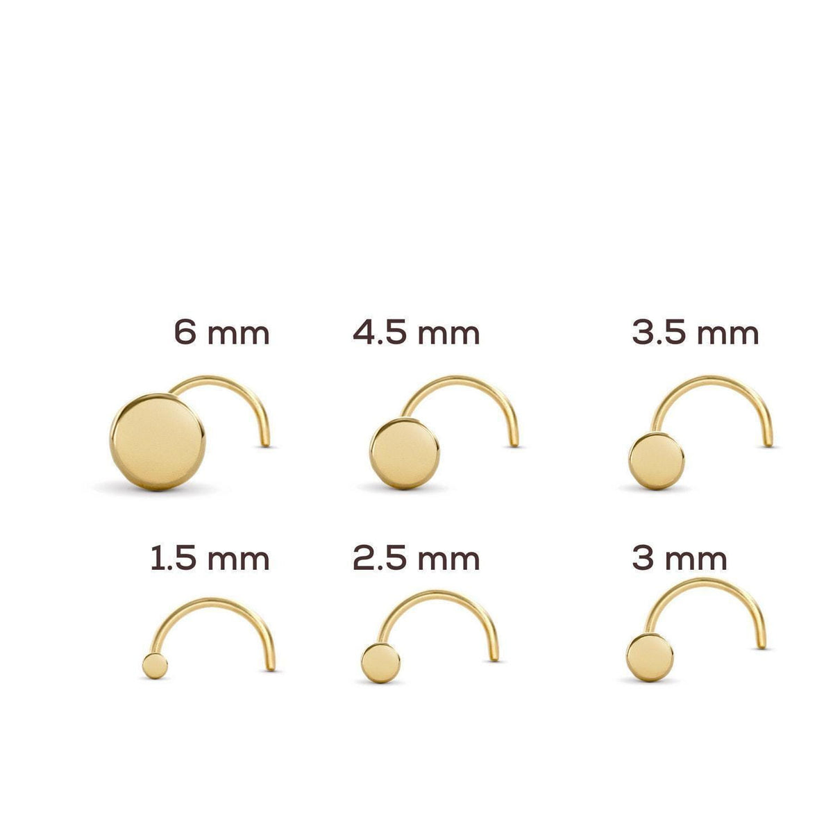six different sizes of gold-colored nose rings, ranging from 6 mm to 3 mm in diameter.