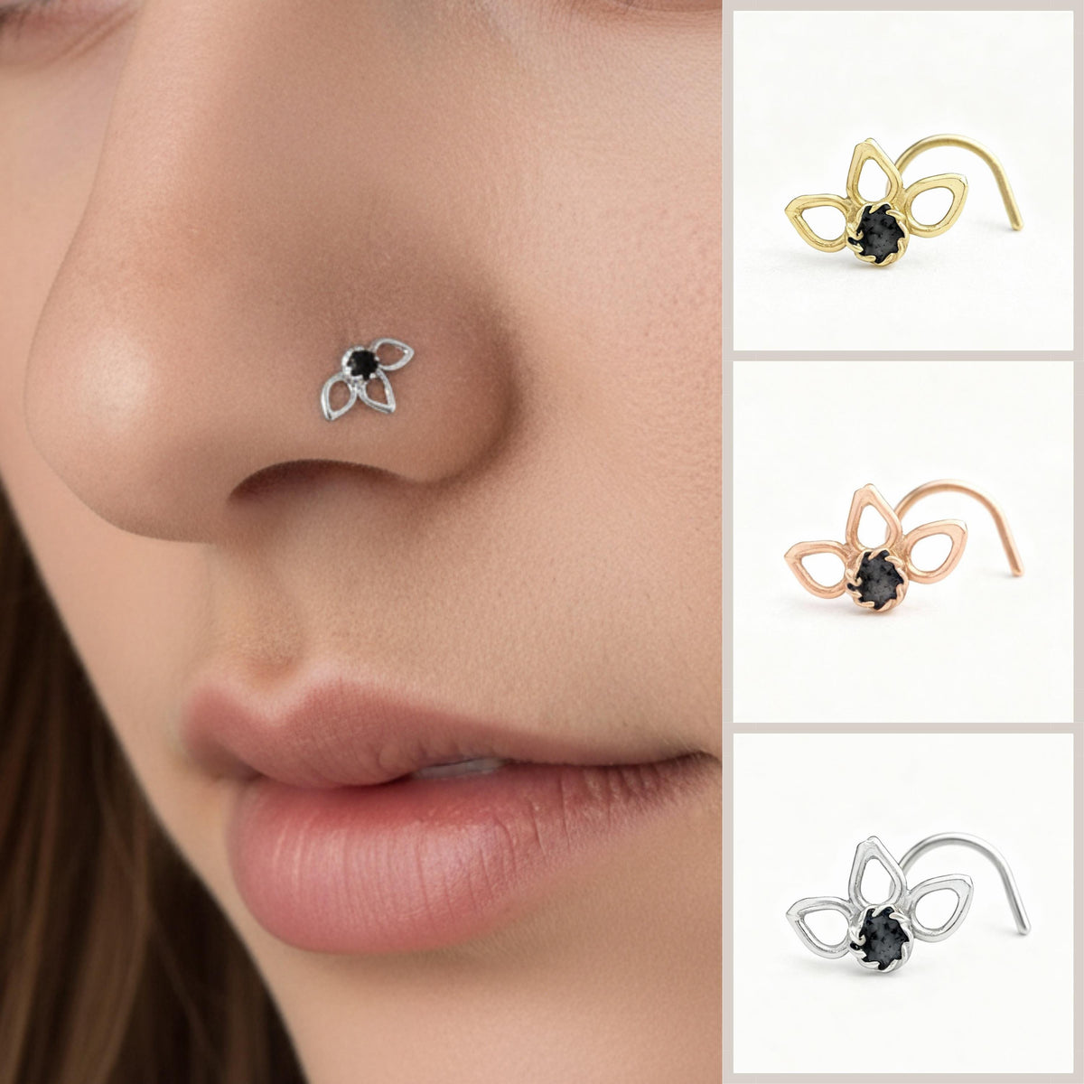 A close-up of a person's nose with a small, decorative nose ring featuring a flower-shaped design.