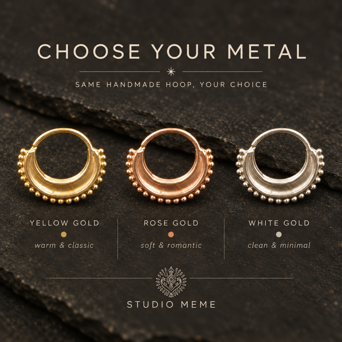 three different types of metal hoop earrings, each with a unique color and style, arranged on a dark background.