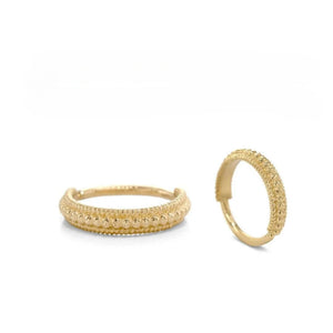 two gold earrings, one larger and one smaller, both with a textured, textured design. The larger earring is positioned above the smaller one, and both are set against a white background.