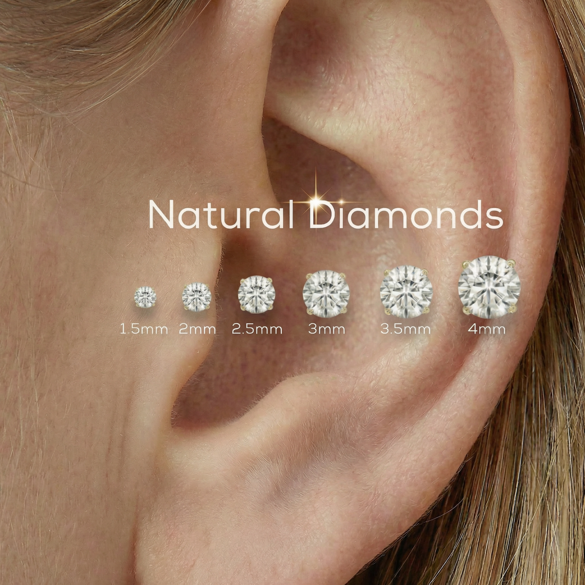 a close-up of a person's ear with a series of diamond earrings labeled with their sizes, ranging from 1.5mm to 4mm.
