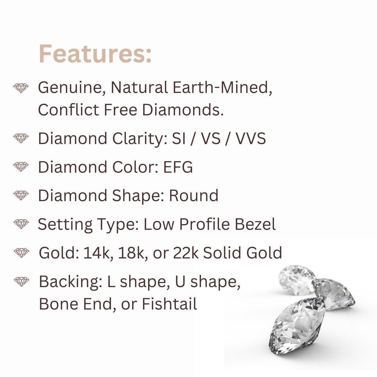 three round diamonds with various characteristics listed below them.