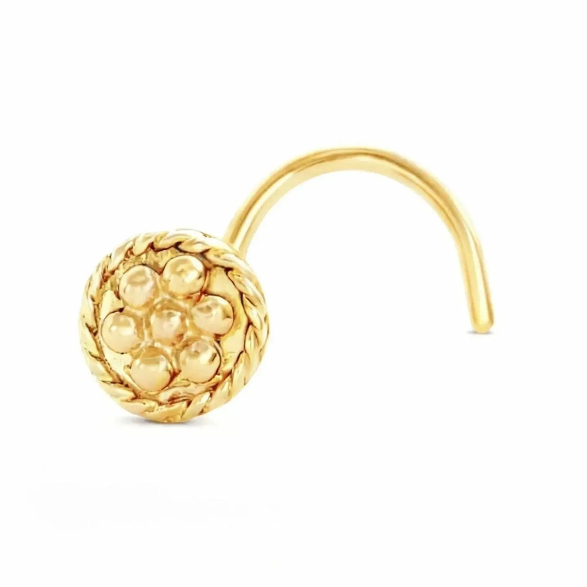 A gold-colored nose ring with a decorative design, accompanied by a red line indicating its length.