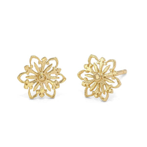 Gold Stud Earrings: two gold earrings with intricate floral designs.