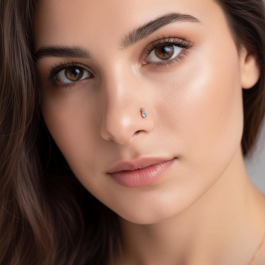 A close-up portrait of a woman with brown hair and a nose piercing, looking directly at the camera with a neutral expression.