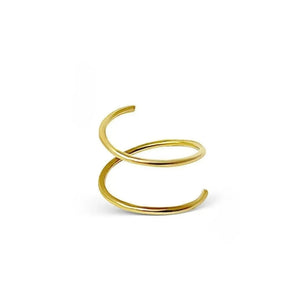 A gold spiral earring is shown against a white background, with two arrows pointing upwards and downwards.
