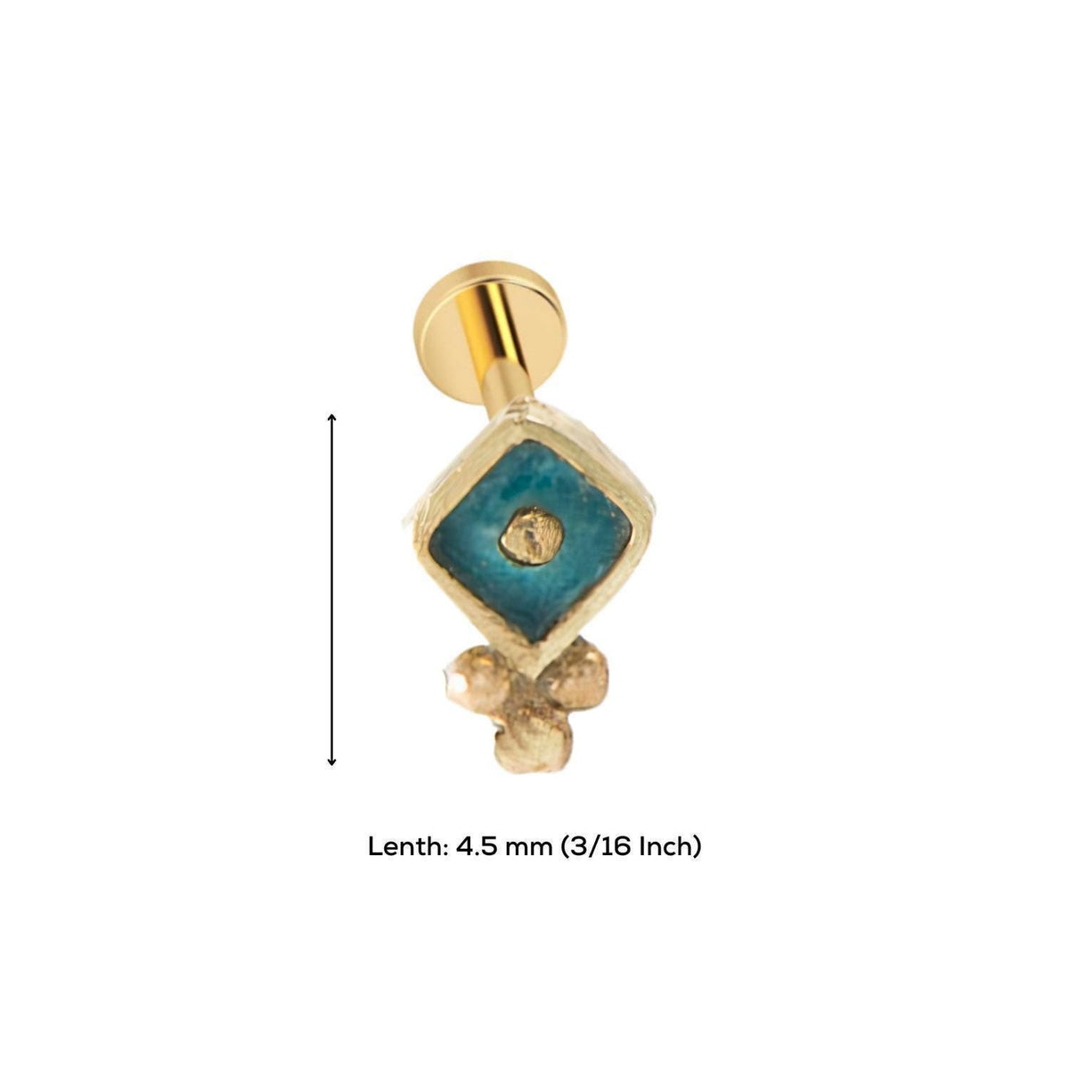 A gold-colored earring with a blue gemstone in the center, measuring 4.5 mm (3/16 inch) in length.