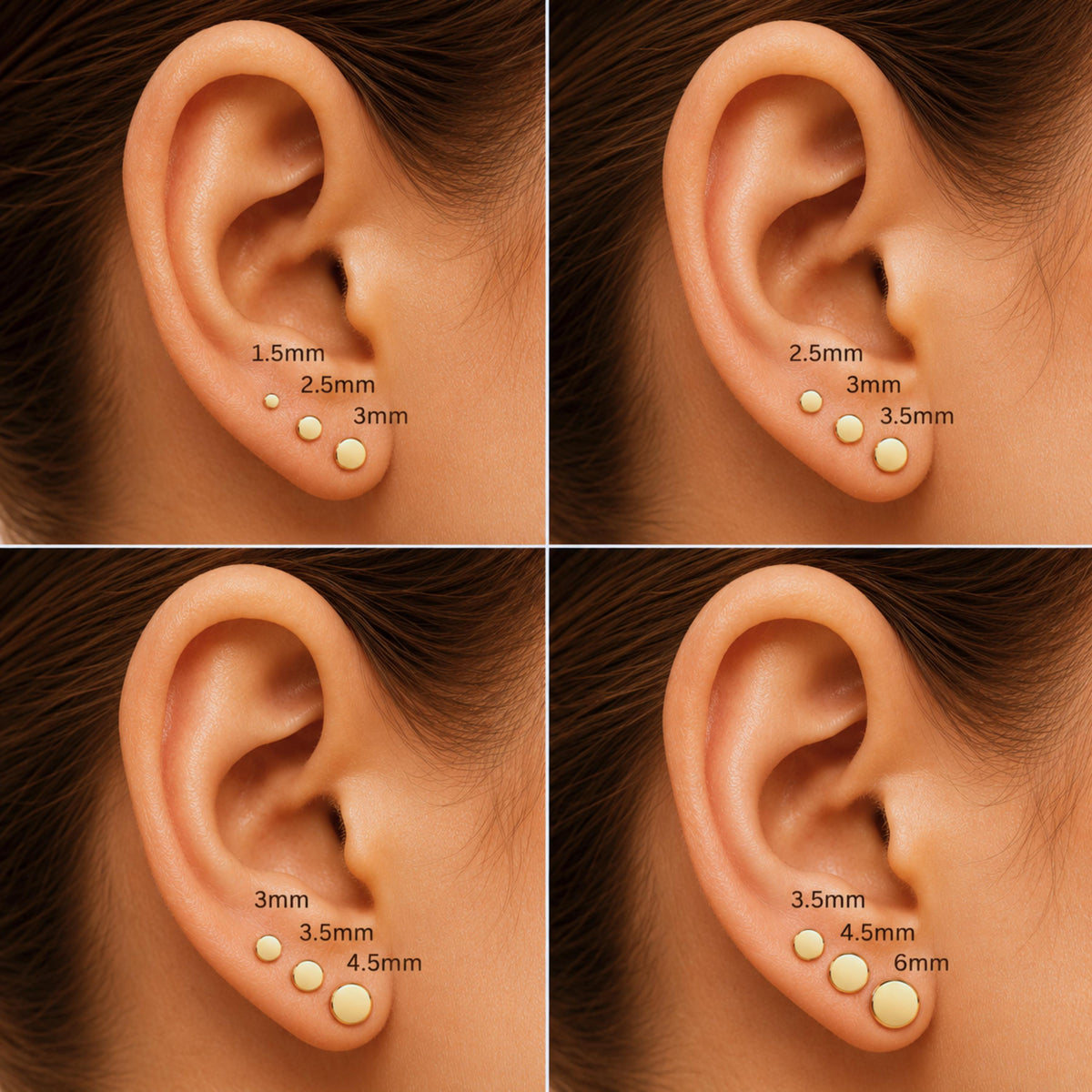 The image is a collage of four photographs showing the size of earrings in millimeters.