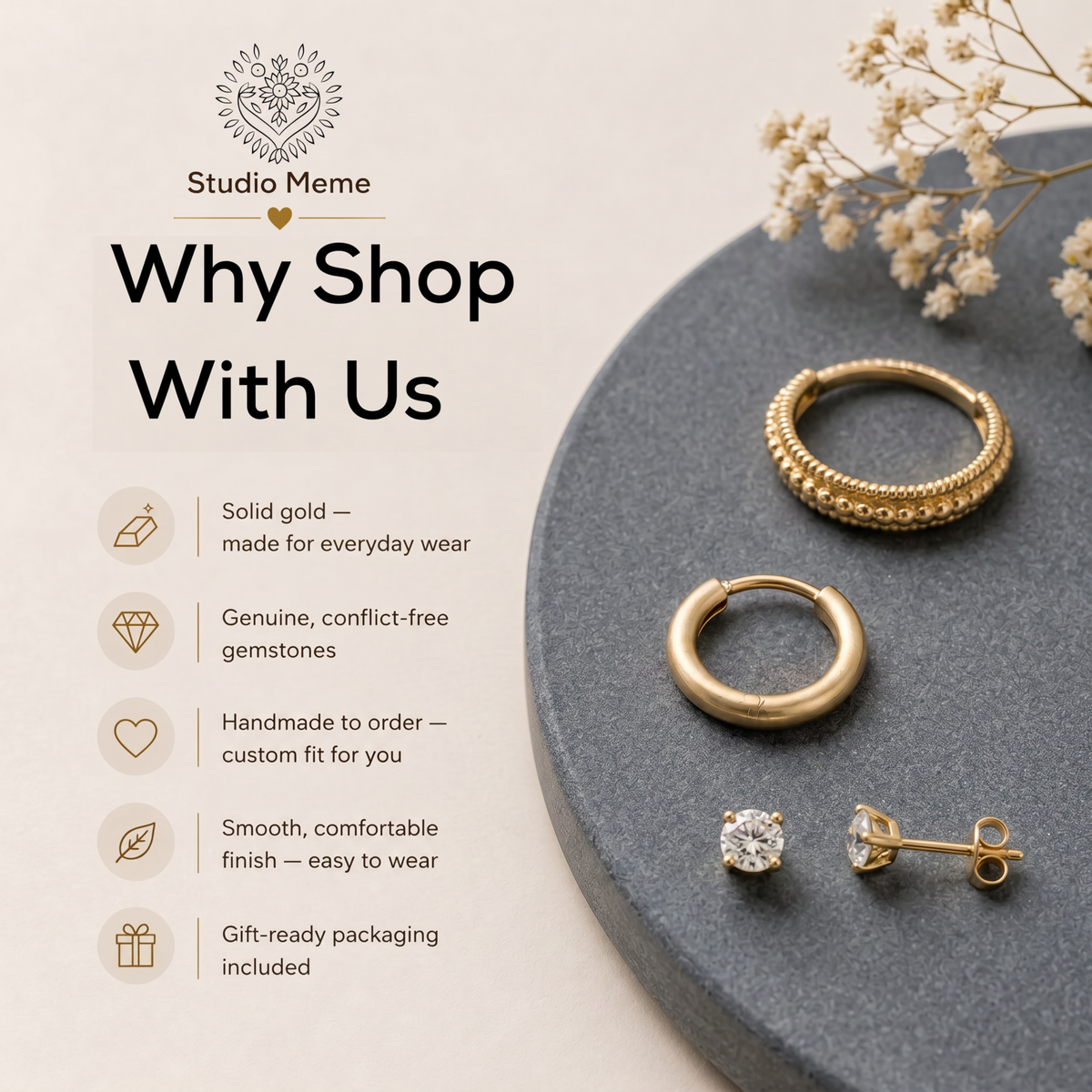 The image is an advertisement for a jewelry store, showcasing various pieces of jewelry such as earrings and rings.