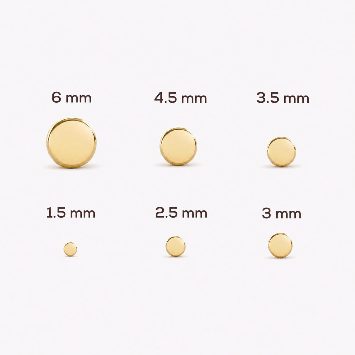 six gold-colored earrings of different sizes, ranging from 6 mm to 3 mm, arranged in a grid format.