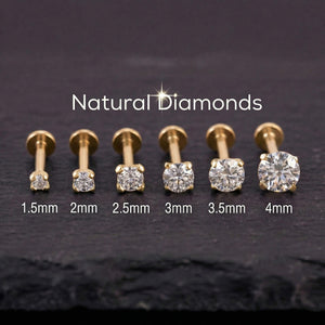 A collection of six gold-colored diamond-encrusted nose studs, each with a different size ranging from 1.5mm to 4mm.