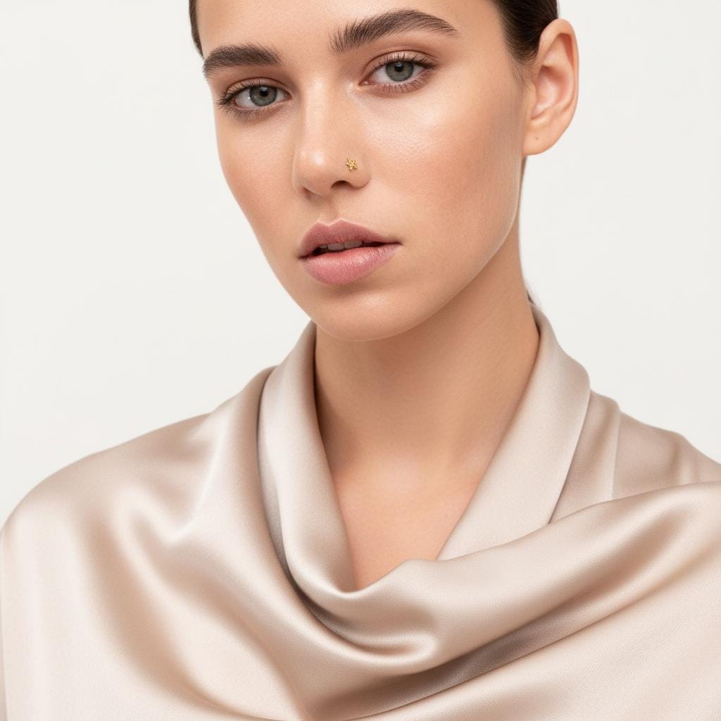 A close-up portrait of a woman wearing a beige scarf, with a neutral expression and minimal makeup.