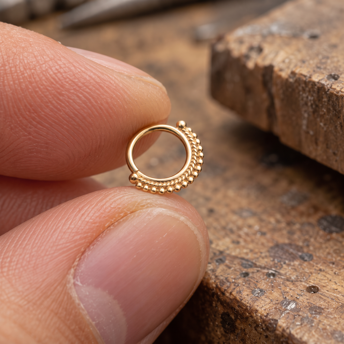 A close-up image of a person's finger holding a small, ornate gold-colored piercing.