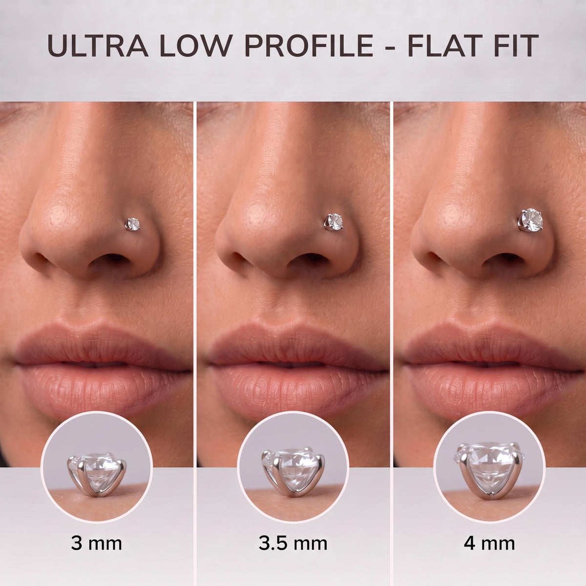 The image is a collage of three images showing different sizes of diamond nose rings.