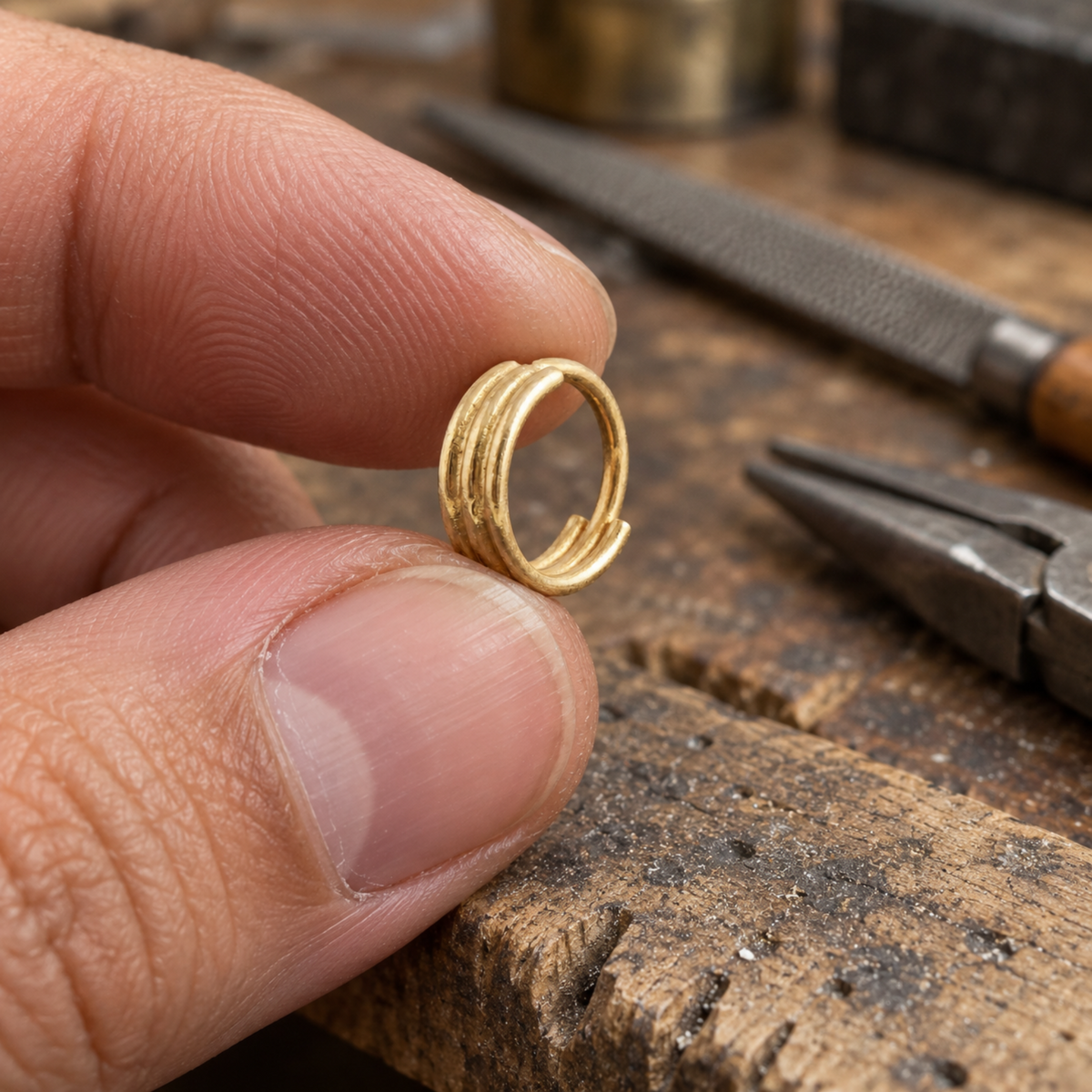 A person's thumb is holding a small gold ring with three concentric rings, resting on a wooden surface with various tools and materials in the background.
