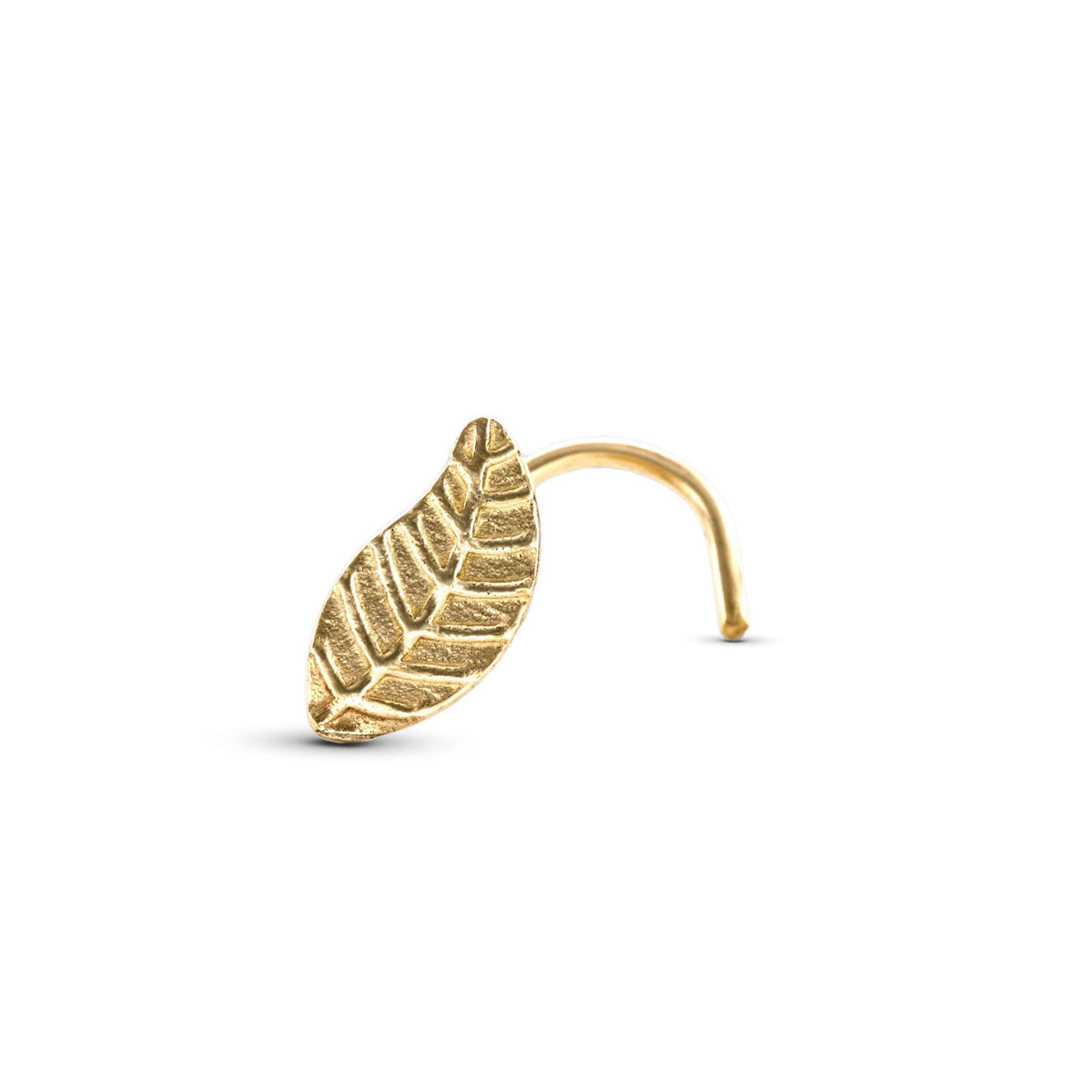A gold-colored leaf-shaped earring is shown against a white background.