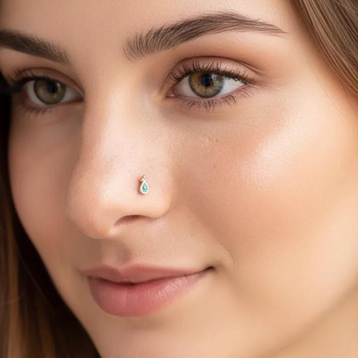 A close-up portrait of a young woman with long brown hair, wearing a nose stud and looking directly at the camera with a slight smile.