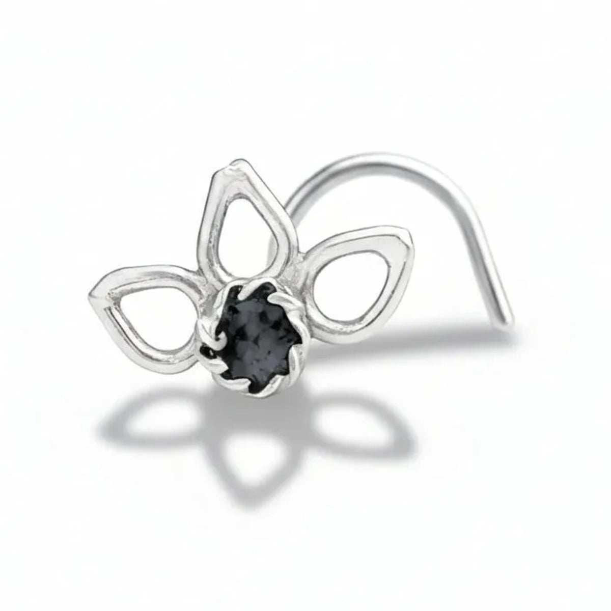 A silver nose ring with a black gemstone in the center.