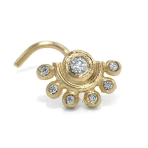 a gold nose ring with a large central diamond surrounded by smaller diamonds, and the text indicates that it is a genuine solid 14k gold nose ring.