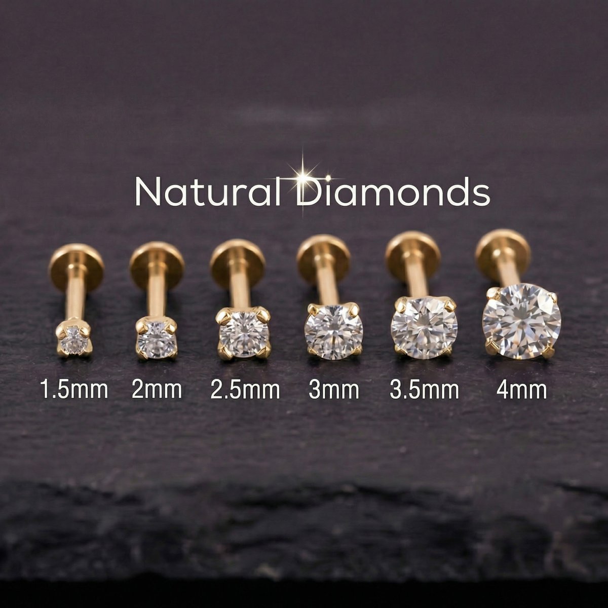 A collection of six gold-colored diamond-encrusted nose studs, each with a different size ranging from 1.5mm to 4mm.