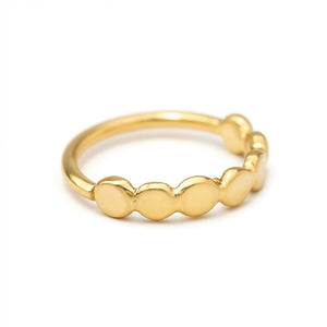 A gold ring with a row of small, round, polished surfaces.