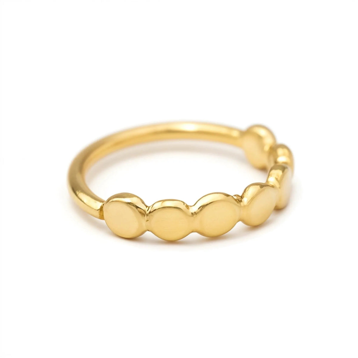 A gold ring with a row of small, round, polished surfaces.