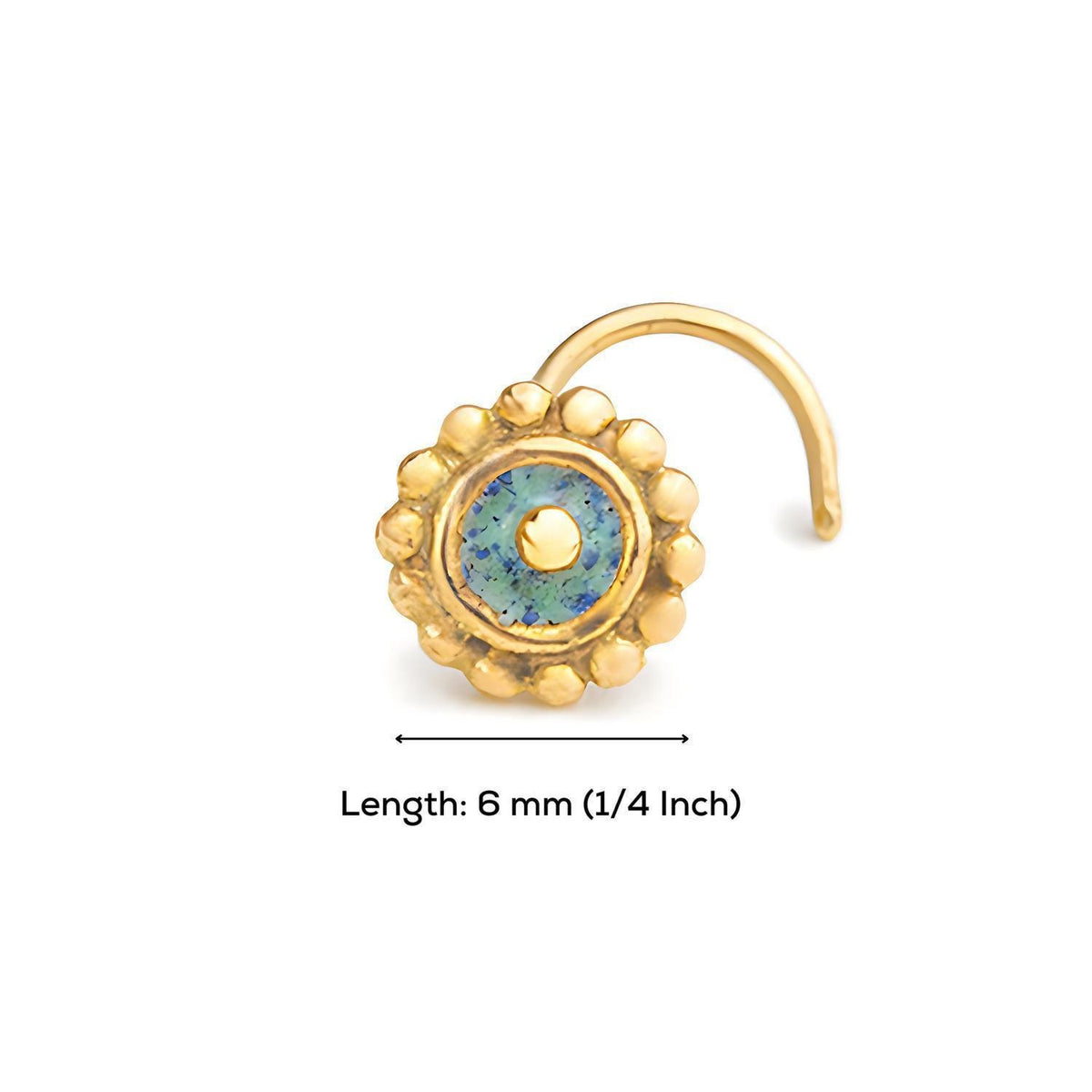 A gold-colored nose ring with a blue and green stone in the center, measuring 6 millimeters (1/4 inch) in length.