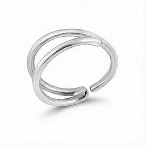 A silver ring with a twisted design.