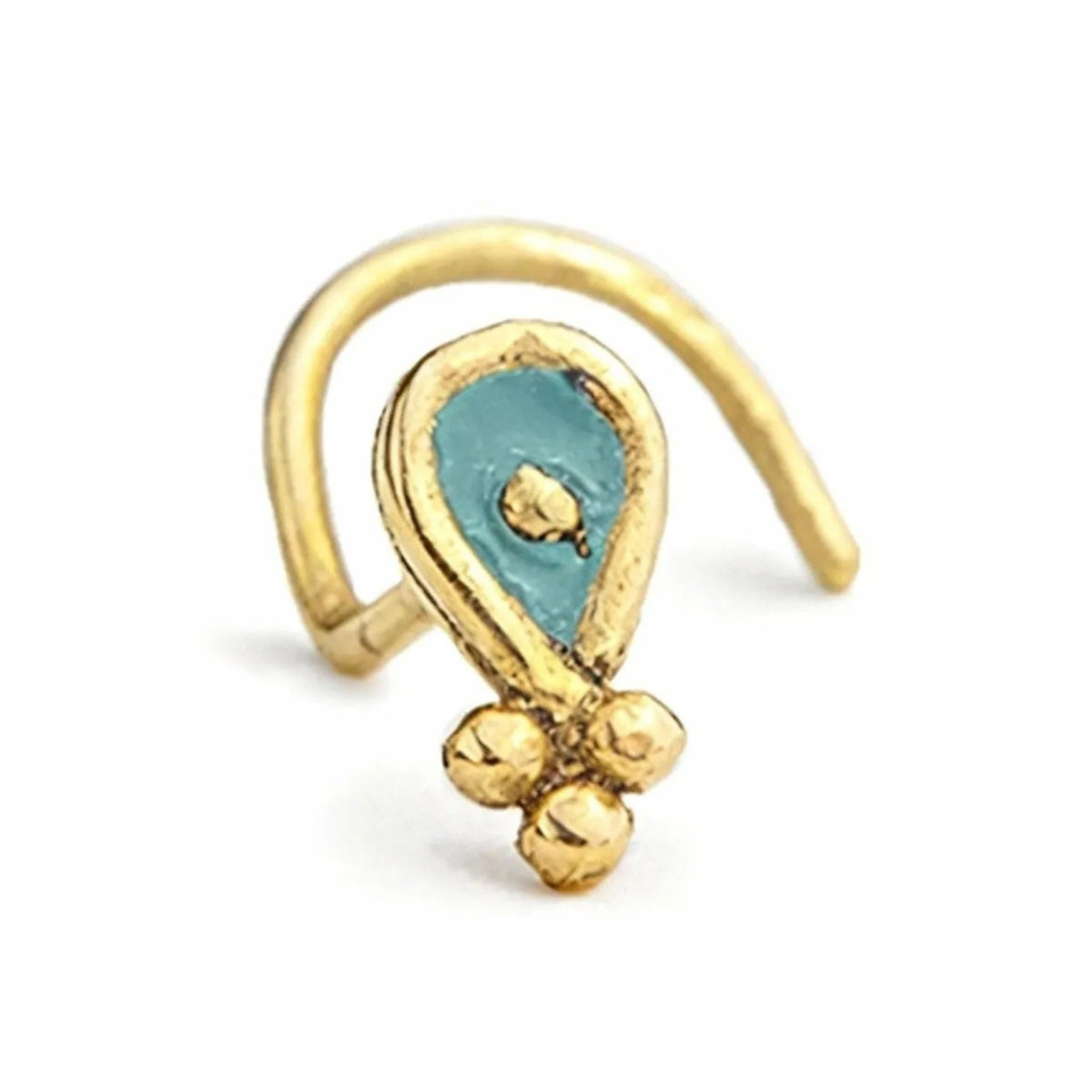 A gold-colored nose ring with a blue gemstone in the center.