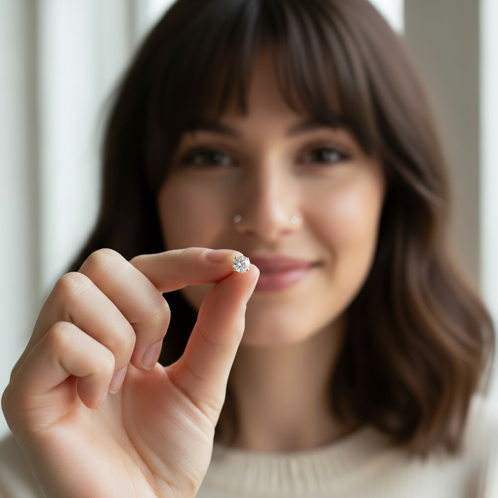 A woman with brown hair is holding up a small diamond in front of her face, smiling at the camera.