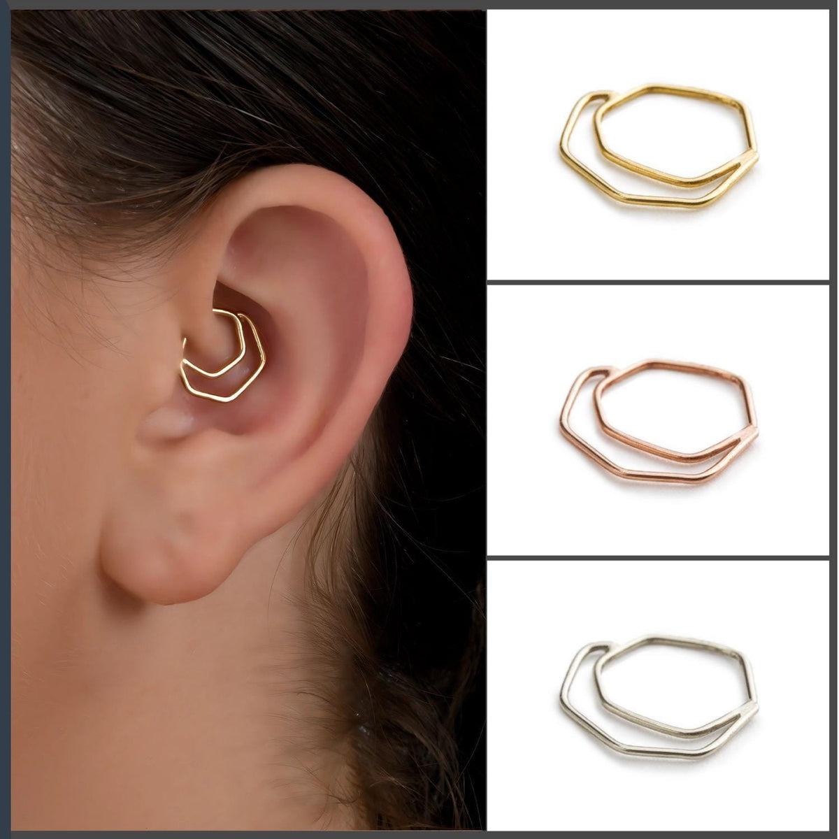 a close-up of a person's ear with a gold-colored earring, and there are three different designs of earrings displayed in the background.
