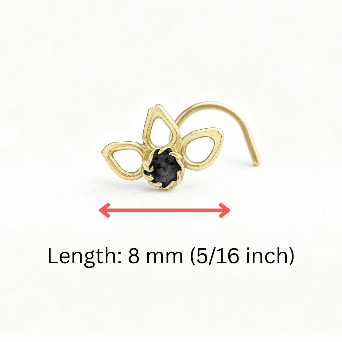 A gold-colored nose ring with a black gemstone in the center, accompanied by a red line indicating the length of the nose ring in millimeters.