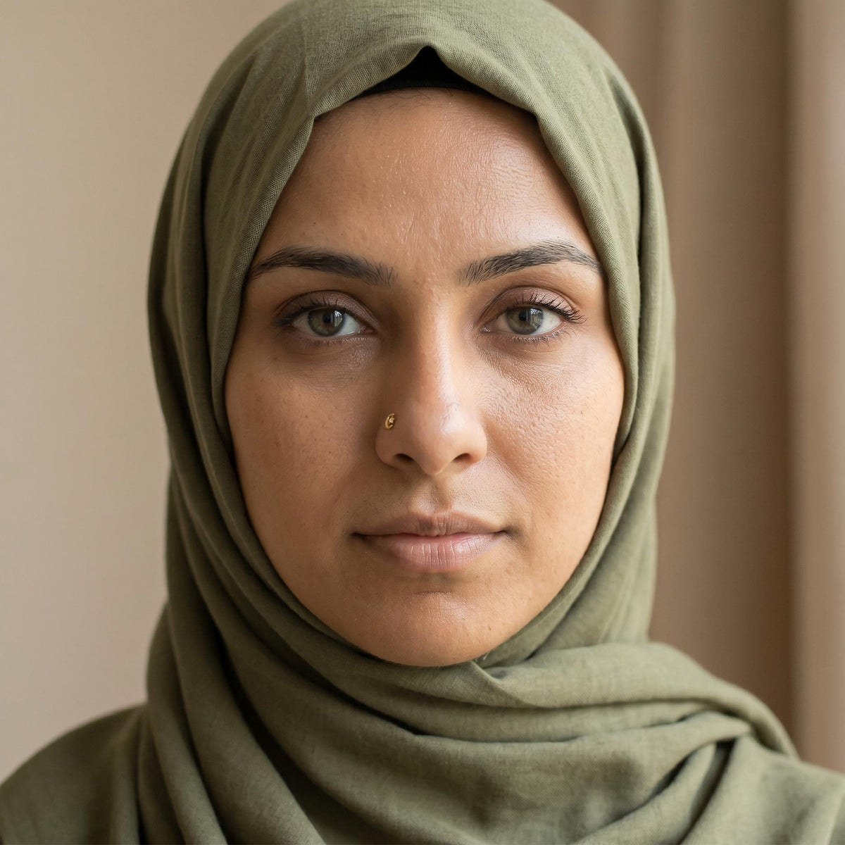 A close-up portrait of a woman wearing a green hijab, with a neutral expression and a serious gaze.