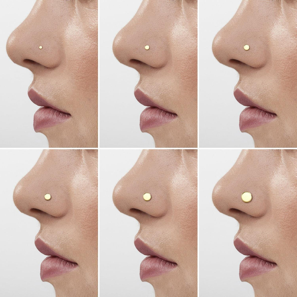 The image is a collage of six close-up photos of a person's nose and nostrils, each showing a different type of nose piercing.