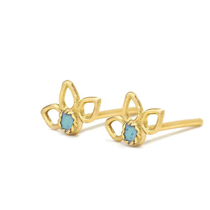 Flower Stud Earrings: A pair of gold earrings with blue gemstones, placed side by side on a white background.