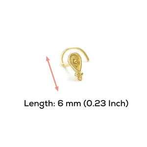 A gold-colored nose ring with a small decorative element is shown against a white background.