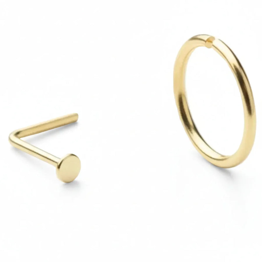 14k Gold Nose Ring - Minimal Nose Hoop & Flat Disk Stud Set | Nickel Free Piercing