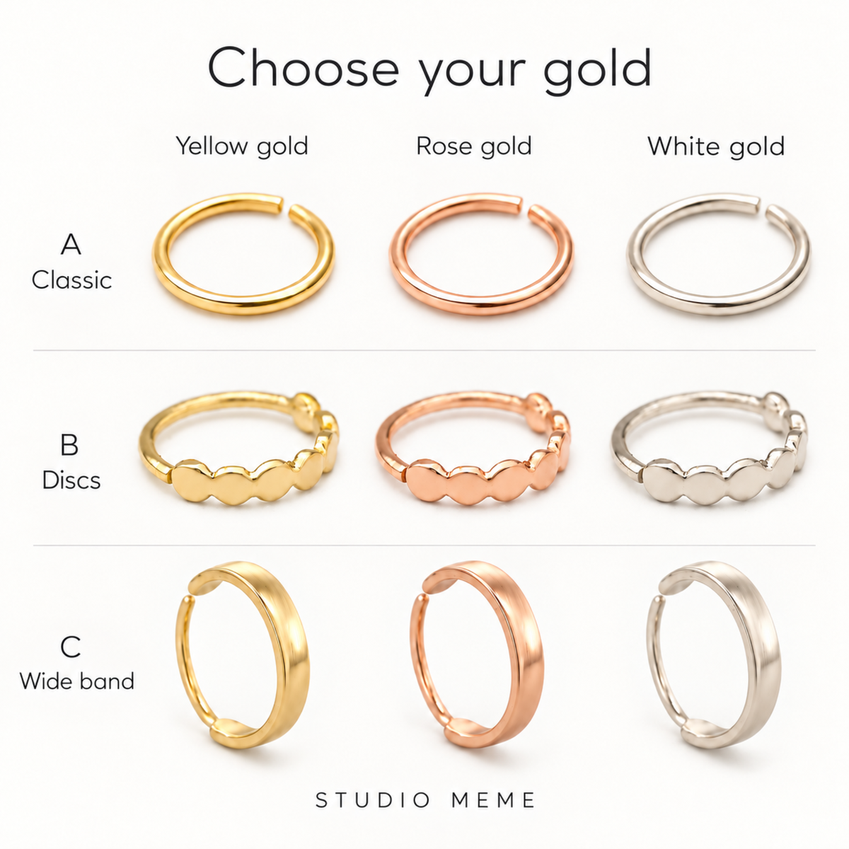 a collection of different types of rings, each with a unique design and color, arranged in a grid format.