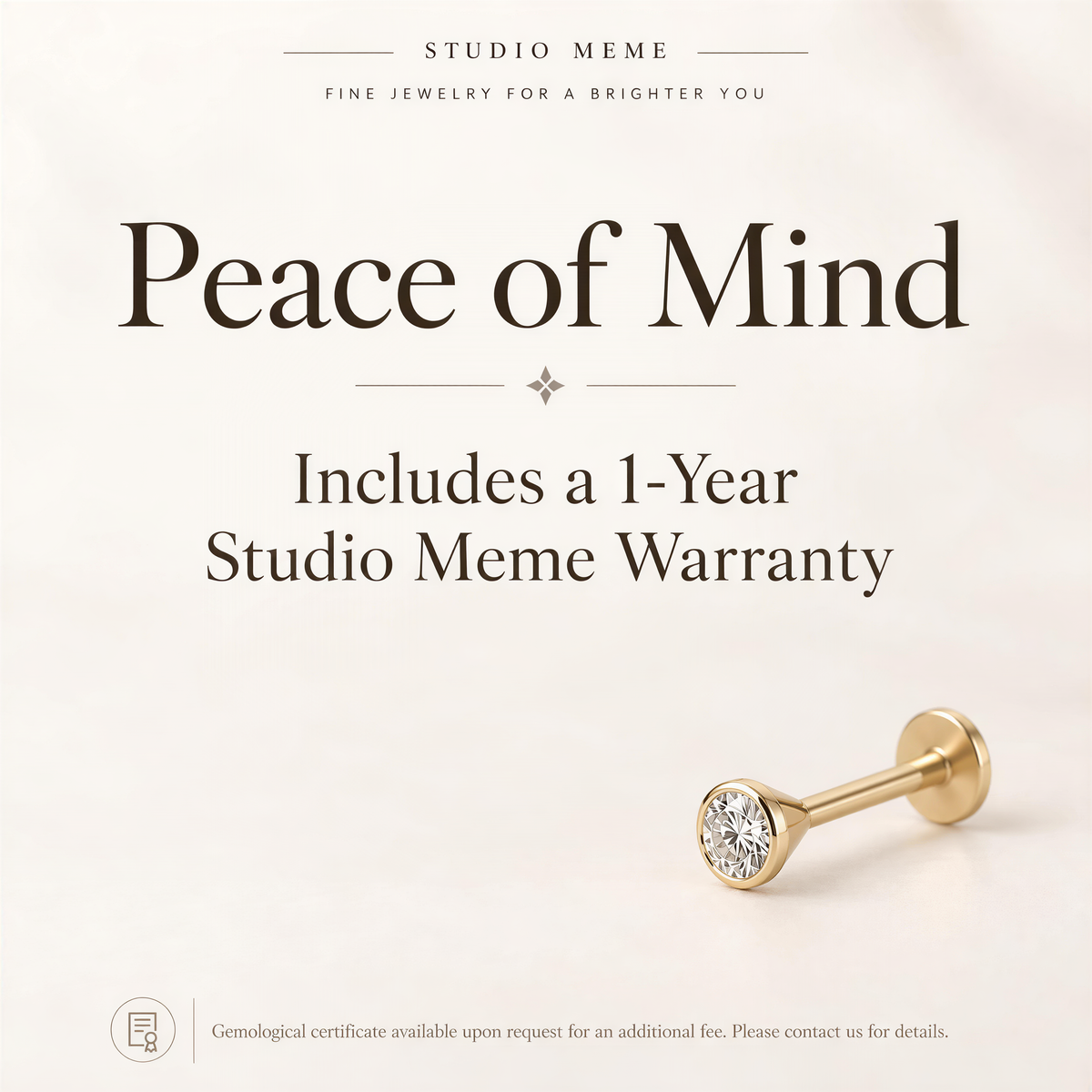 a single diamond stud earring on a gold post, accompanied by text promoting a 1-year Studio Meme Warranty for fine jewelry.