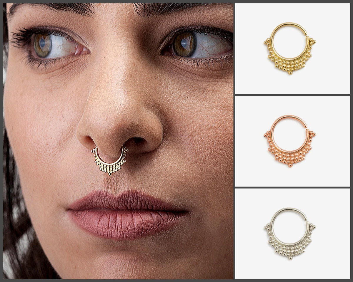 A close-up of a woman's face with a nose ring, and three different types of nose rings displayed in the background.