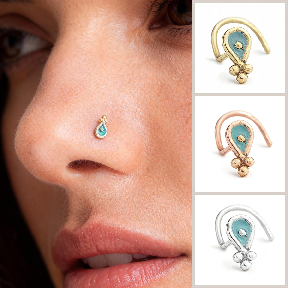 A close-up of a person's nose with a small, colorful nose ring on it.