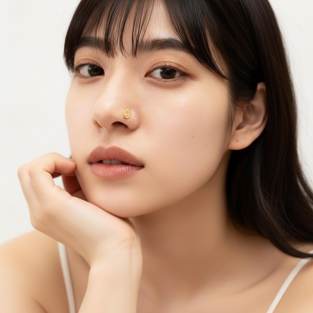 A close-up portrait of a young woman with dark hair, wearing a gold nose ring, looking pensively at the camera.