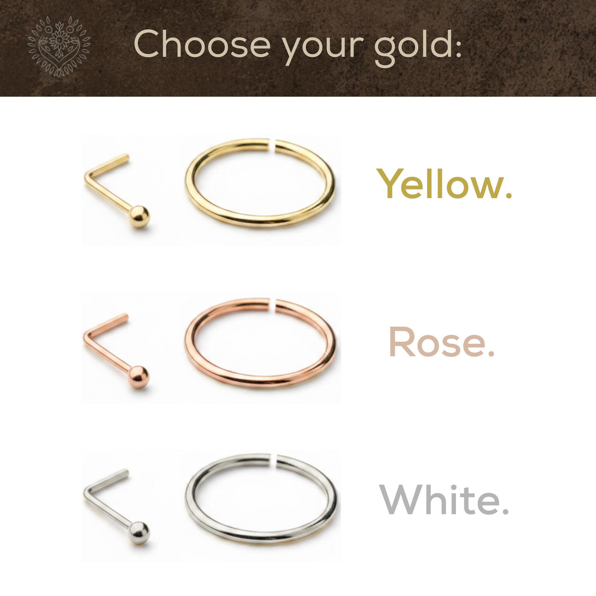 three different nose ring styles, each with a distinct color: gold, rose, and white.